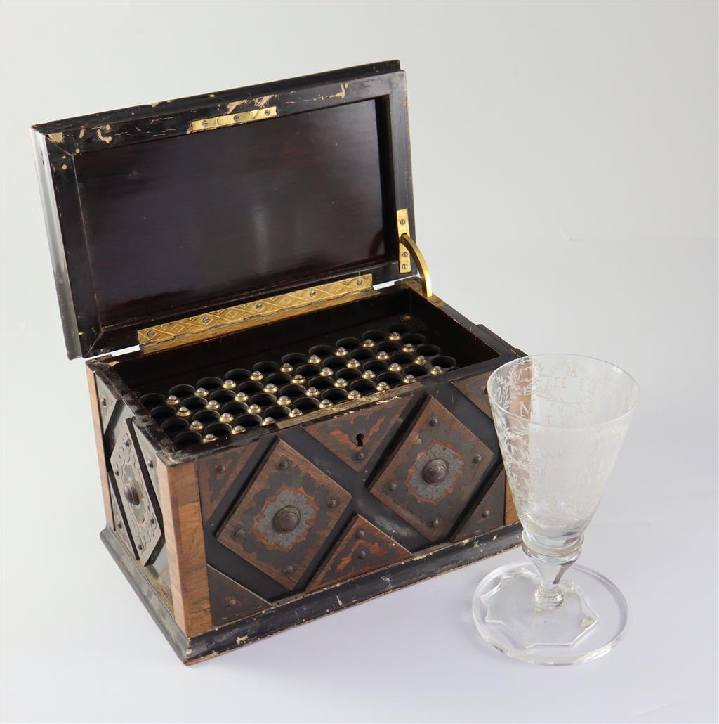 A rare documentary Irish wheel engraved lead glass goblet, dated 1697, with a Victorian fitted rosewood & pewter inlaid box